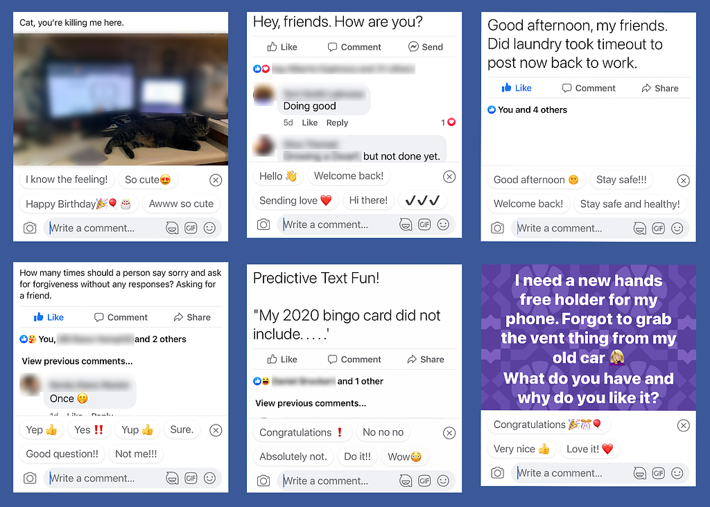 Screenshots of Facebook posts showing odd comment suggestions