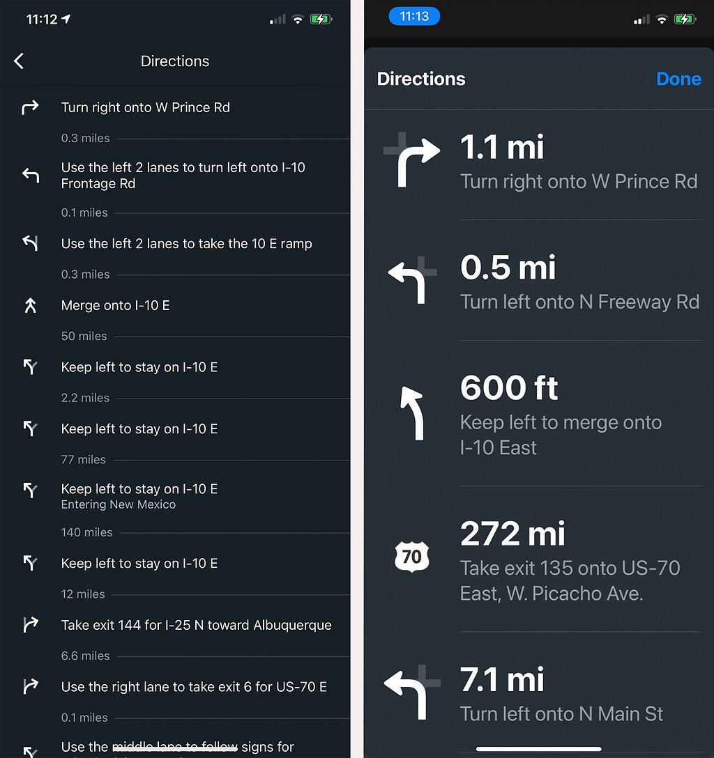 Screenshots for Google and Apple Maps of the turn-by-turn direction list