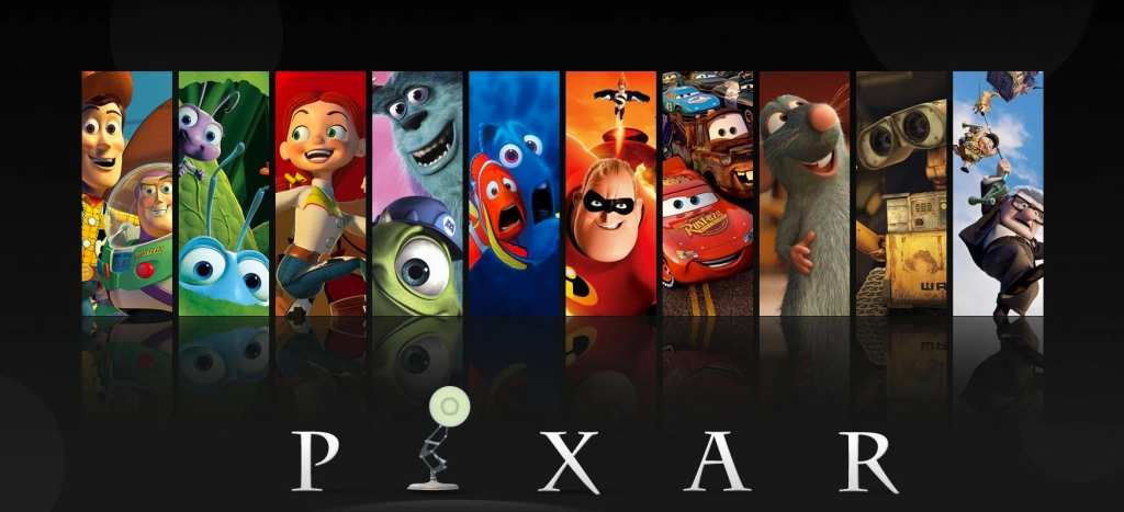 Pixar’s logo in front of images from their movies like Cars, Bug’s Life, Toy Story, and others