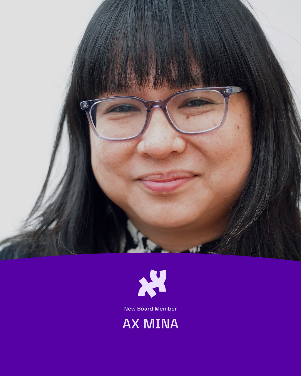 A graphic with an image of our new board member, AX Mina. Their profile photo sits on top of a dark purple graphic element at the bottom in the shape of a hill which reads, “New Board Member AX Mina” with the Processing logo in white on top of the text.