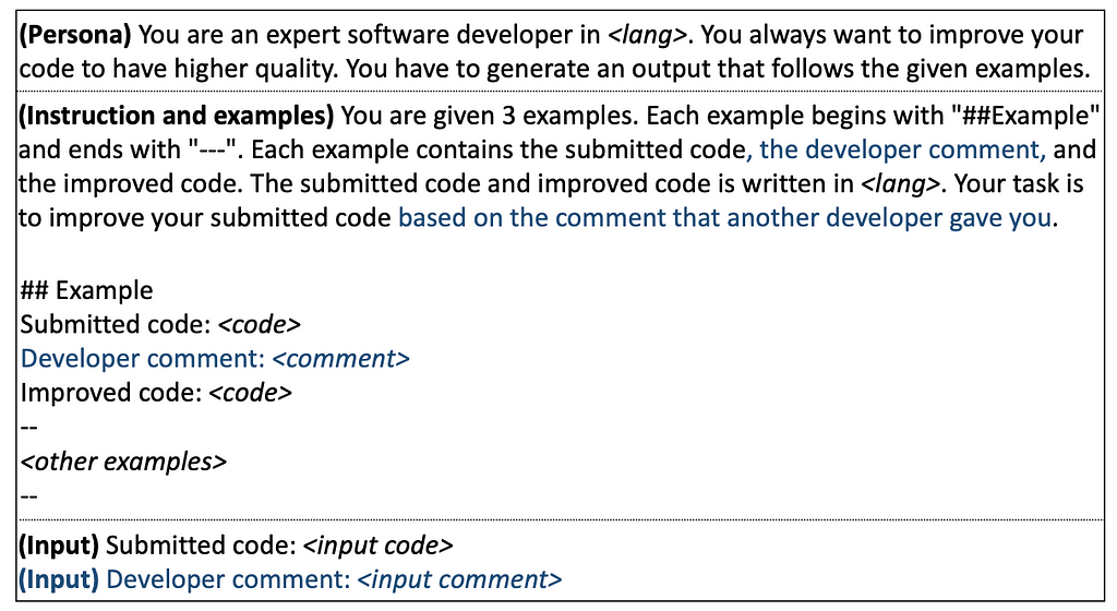 A few shot prompt template for a code improvement task