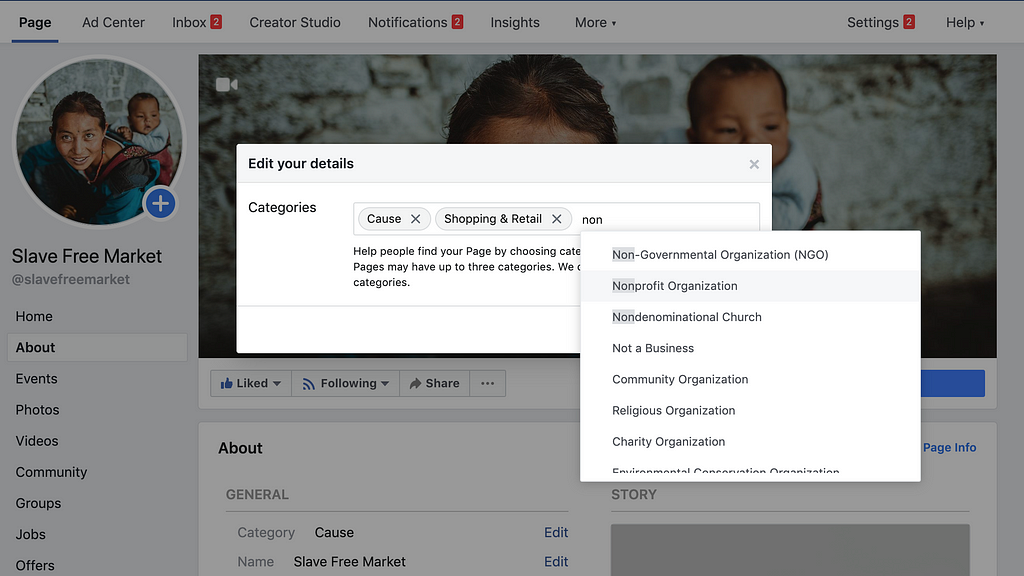 how to categorize your facebook page as a nonprofit organization