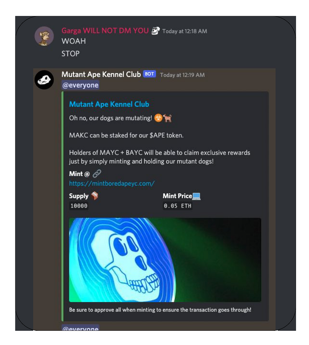 Discord screen showing hacking of the Bored Ape Yacht Club.