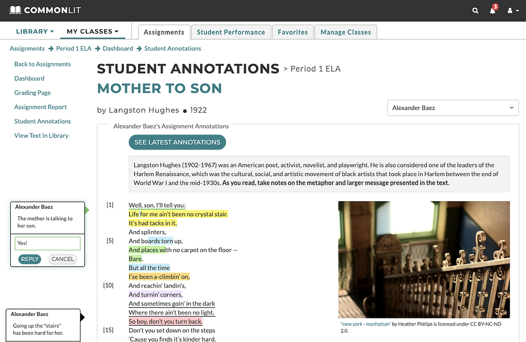 A screenshot of teacher responses to student annotations on a CommonLit lesson.