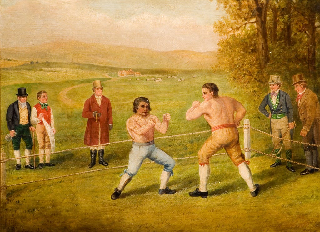 A historical painting depicting two men engaged in a boxing match, surrounded by an attentive crowd.