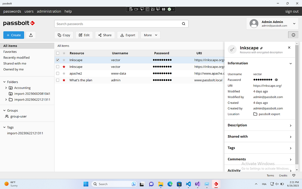 Passbolt windows desktop application — password workspace