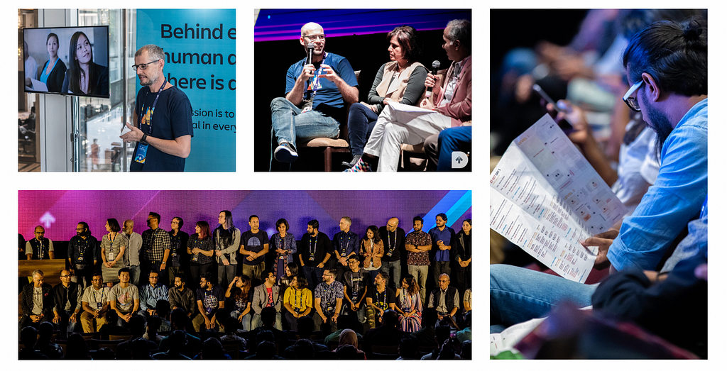 A collage of different images: Photo of people smiling at the camera dressed in the DesignUp Tshirt, a speaker on stage, an attendee reading something and a picture of an engaging panel discussion