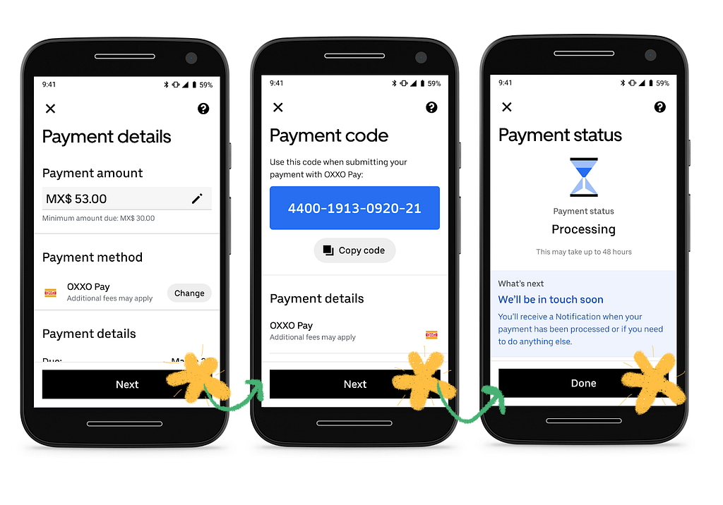 Three screens that show the payment flow