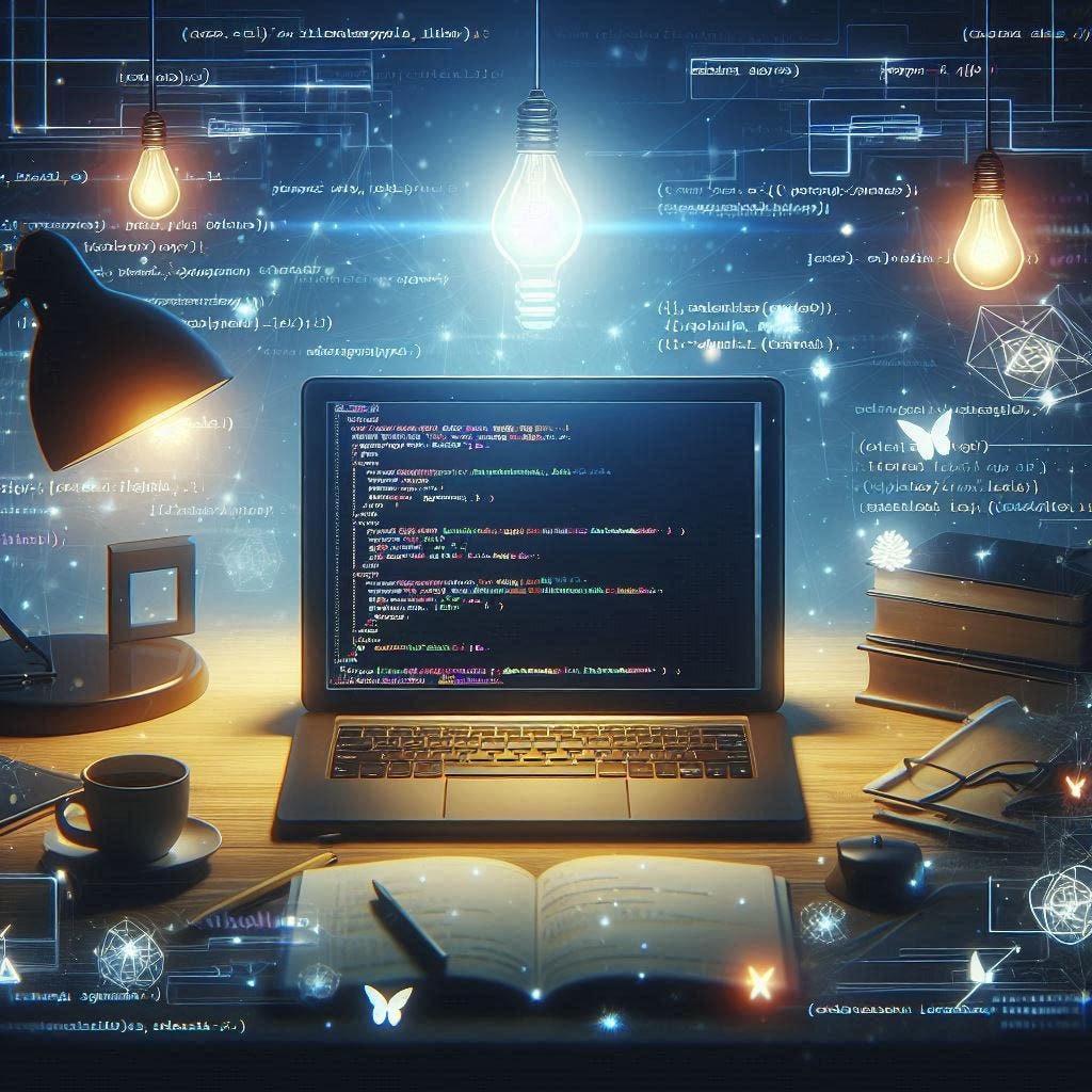 A digital illustration of a programmer’s workspace with a laptop screen displaying a Laravel project, surrounded by coding elements and lights, with a subtle glow to represent the innovative features of Filament and MoonShine