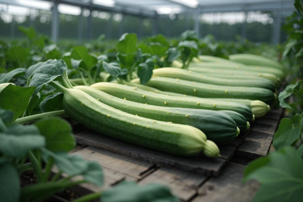 Rows of large, mature hydroponic zucchinis on a wooden surface in a greenhouse, surrounded by lush green plants.