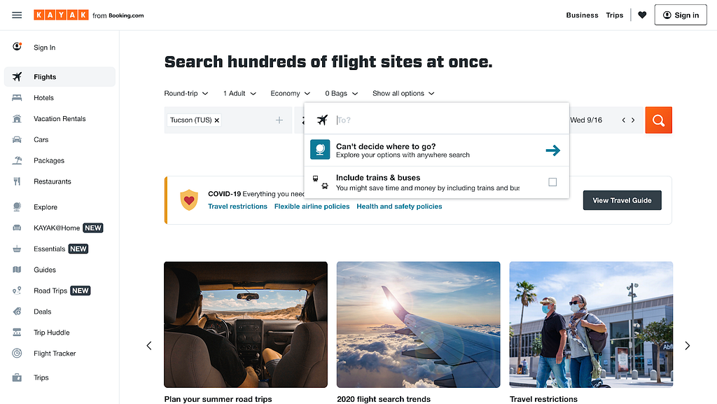 Kayak website which shows the timely search suggestion for users to search for flights to Anywhere