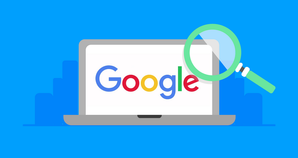 A flat icon image of a grey open laptop, displaying a white screen with Googles logo on the laptops screen. A green magnifying glass lays on the top right corner of the laptop. The image is all on top of a blue background.