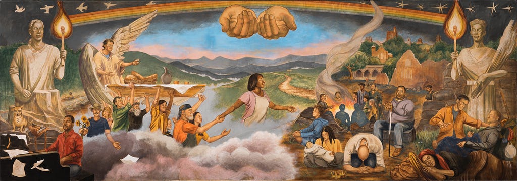 A wide painting showing several scenes, overarched by a rainbow and God’s open hands, and flanked by angelic figures. A pianist plays in the bottom left corner. A crowd of people follow after a Black woman in an apron who takes central stage, marching across a grassy mountain vista towards the scenes on the right, which show people praying, gathered round a campfire, and sleeping in the street.
