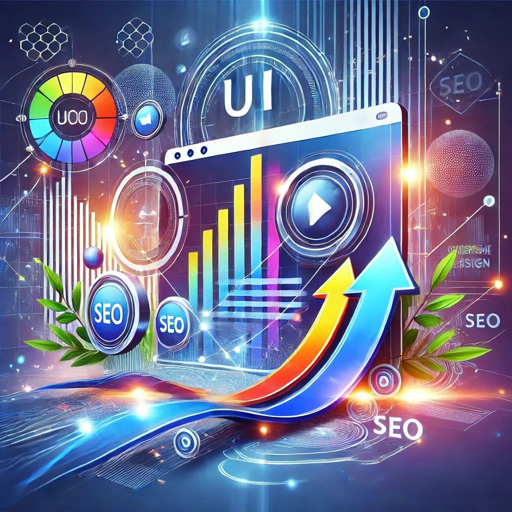 Illustration showing the concept of enhancing website performance through optimized user interface (UI) design. The image features a stylized website screen with modern UI elements like buttons, navigation bars, and responsive layout, symbolizing growth and improvement in design. Upward-pointing arrows represent the rise in search rankings due to effective UI.