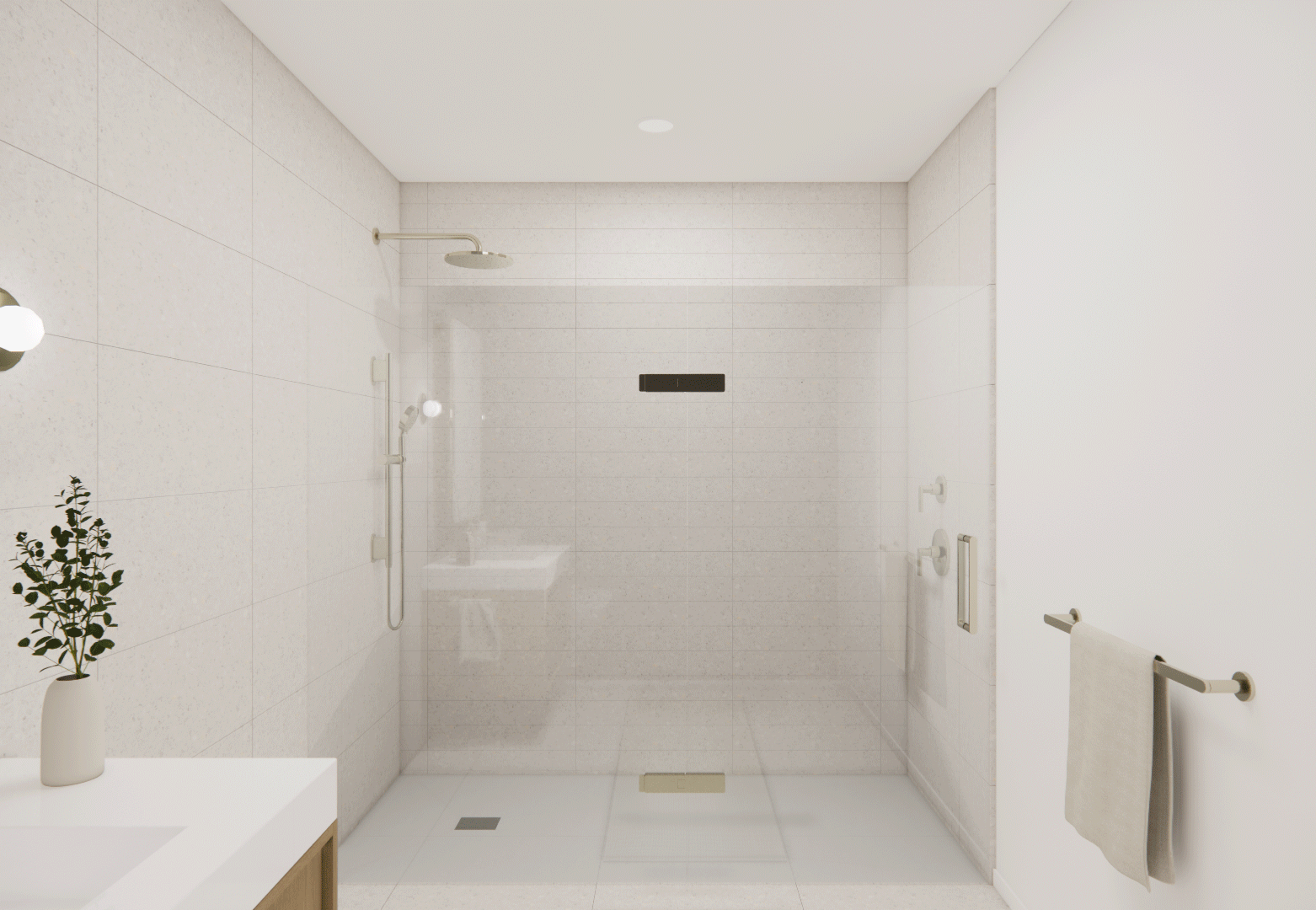 Gif shows an architectural rendering of a bathroom with regular shower, a bathroom with a steam shower, and a bathroom with heated floors.
