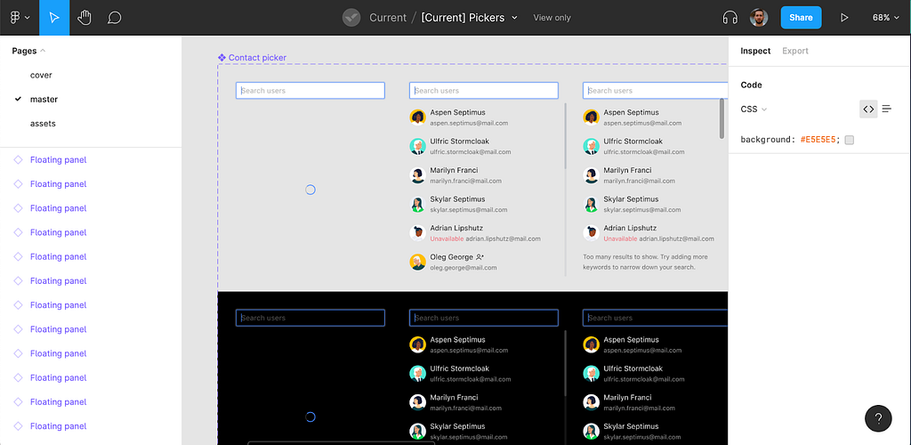 A screenshot of a Figma (UI prototyping tool) page with a text input and a list of choices associated with it (a “picker” component) being shown in different states (loading animation, loaded results, results with a message saying there are too many results to display) and themes (light and dark).