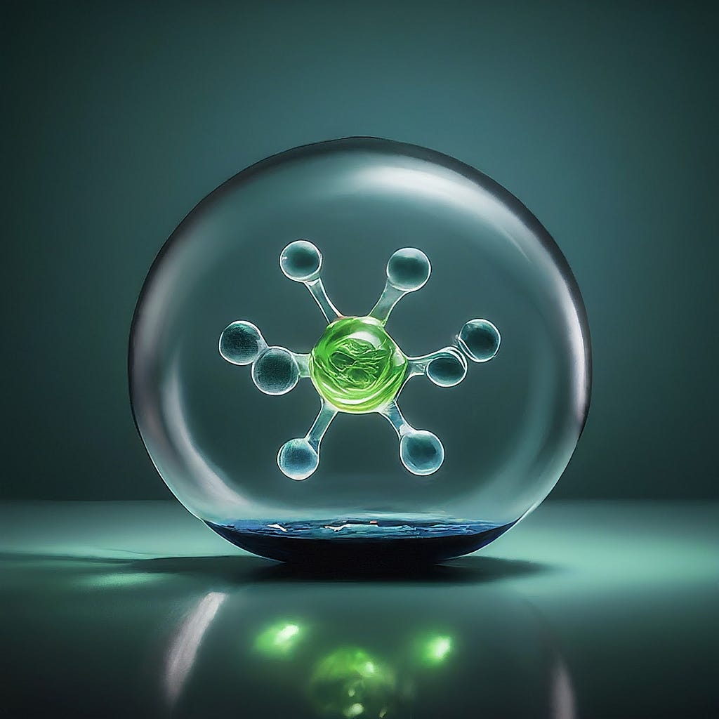 A glowing hydrogen molecule encapsulated in a glass sphere, symbolizing the potential of hydrogen as a clean and abundant energy source.