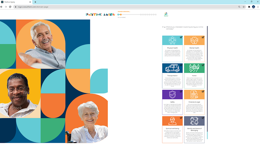 The domains a user can choose from are on the right with clickable icons, one representing each domain. On the left in an image of three smiling older adults.