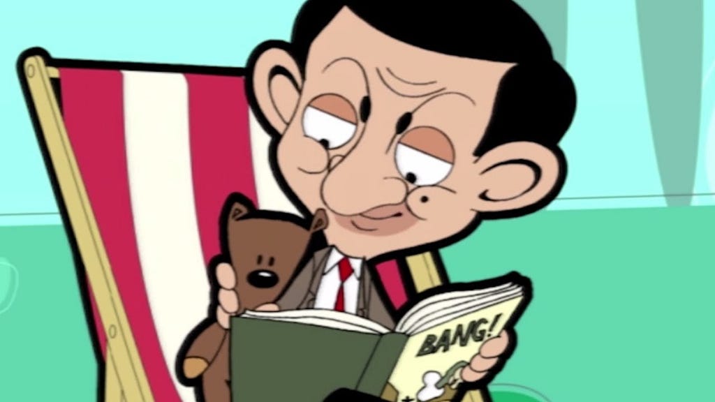 Mr. Bean reading to Teddy