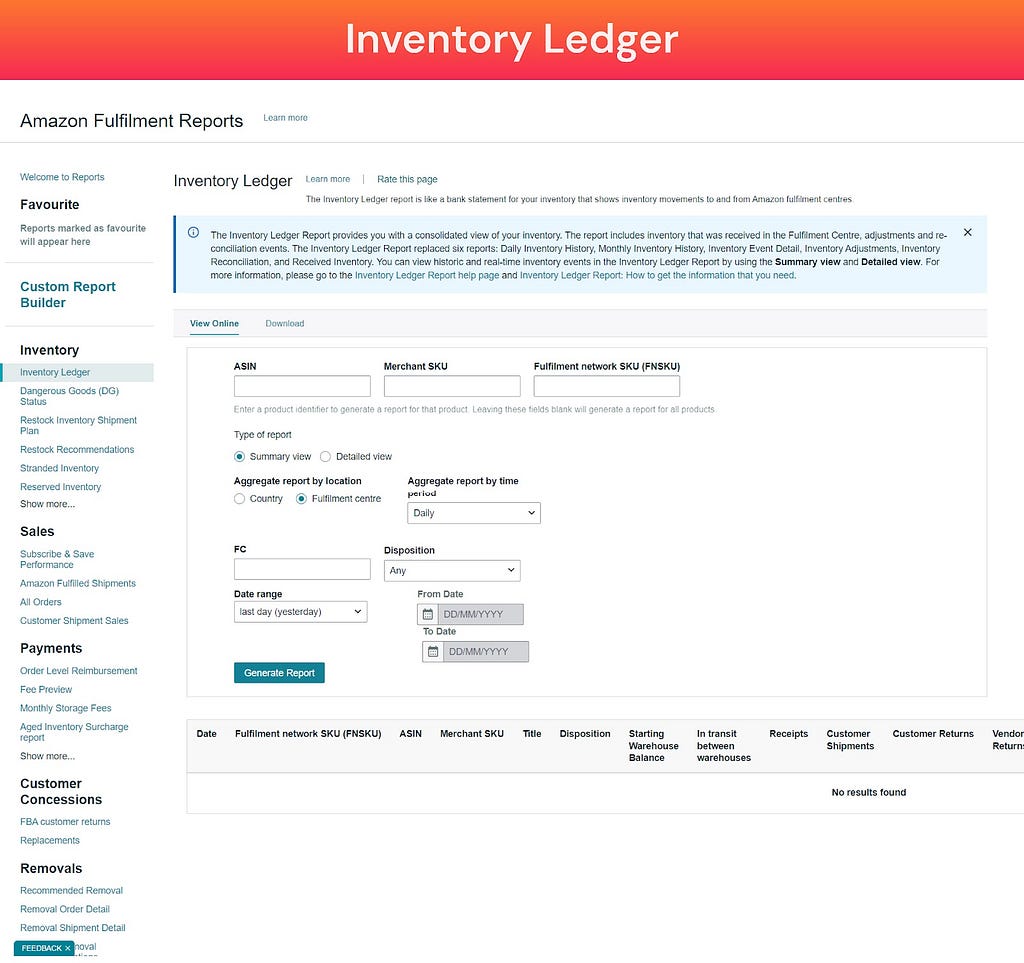 Screenshot of Inventory Ledger (Amazon Fulfillment Reports)