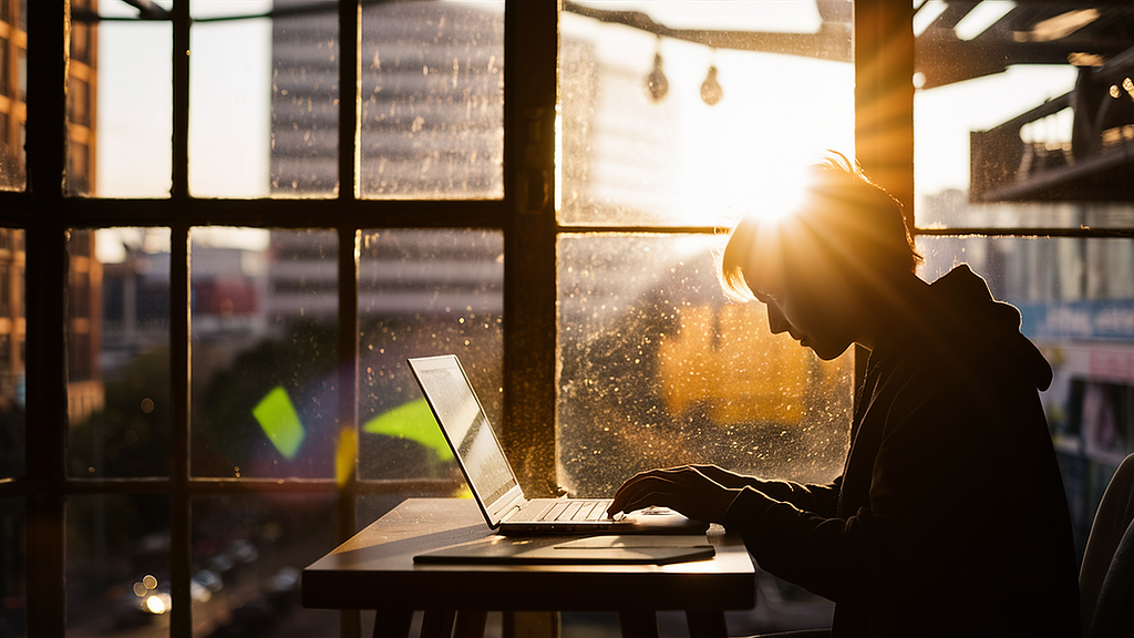 A freelancer working on a laptop by a window with natural light streaming in, emphasizing the role of natural light in maintaining circadian rhythms
