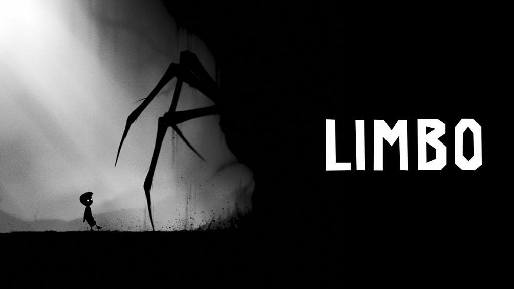 Spooky art from Limbo game. A spider reaches for a boy.