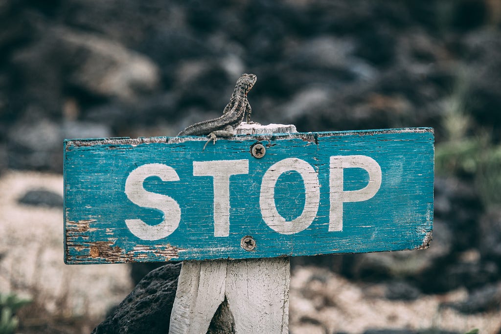 A weathered, blue-tinted wooden sign that reads “STOP” in white letters
