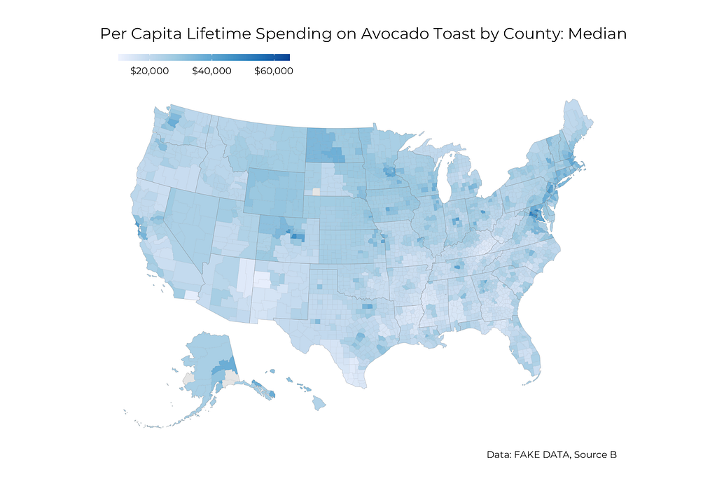 Map of the US showing county level data in a light-dark blue gradient. Title: “Per Capita Lifetime Spending on Avocado Toast by County: Median." Most southern counties are on the lower end of the scale and a small number of counties in the northeast are at the high end.