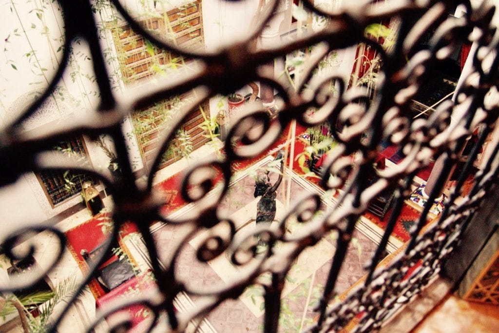 Daytime view of the courtyard at a riad in Morocco