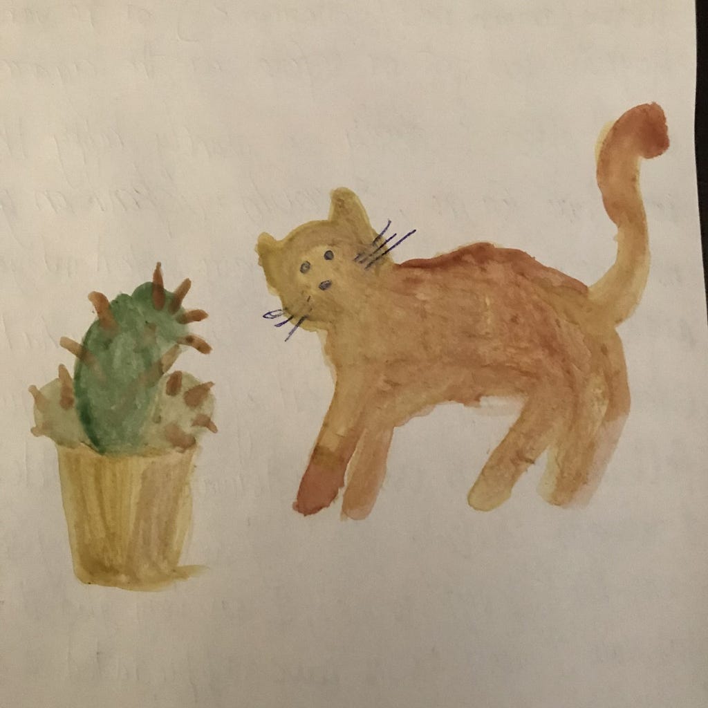A sandy colored cat nonchalantly stares at you and on it’s left is a green cactus with hastily drawn spokes. Very charming