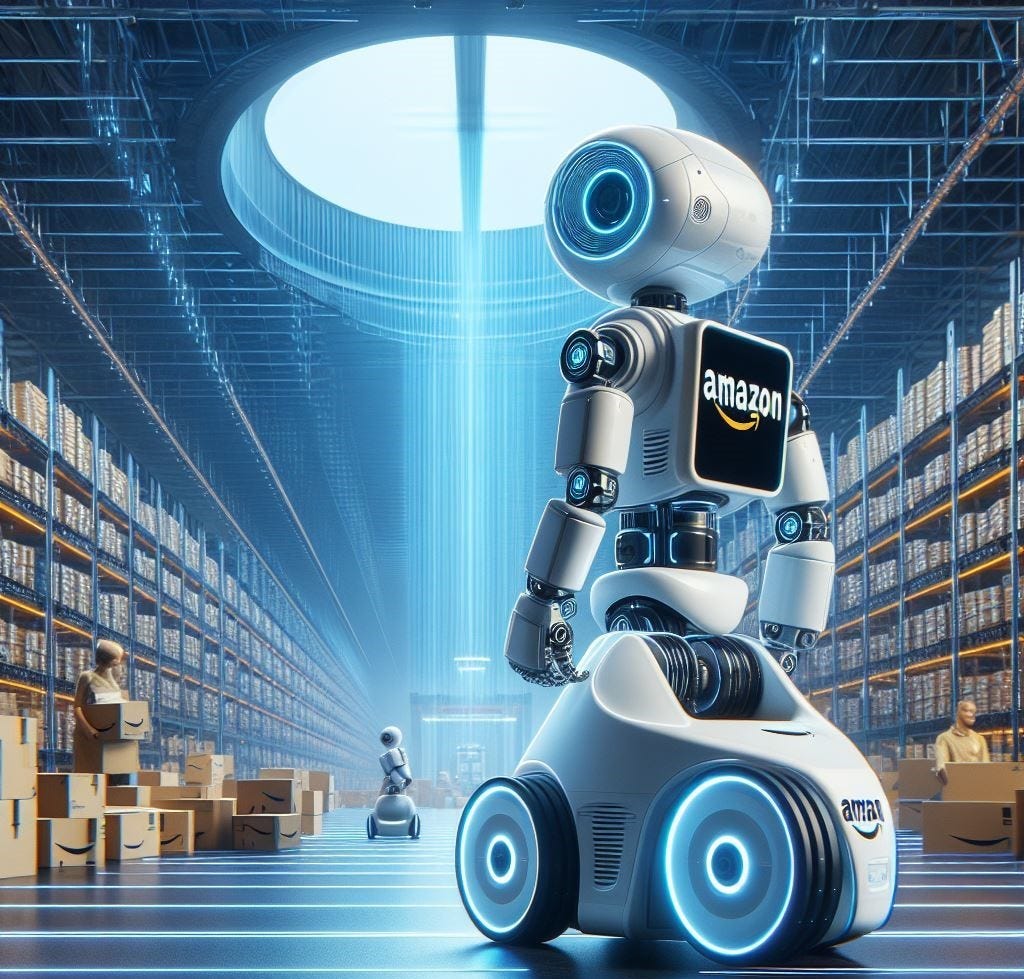 AI render of robots taking over Amazon warehouse work