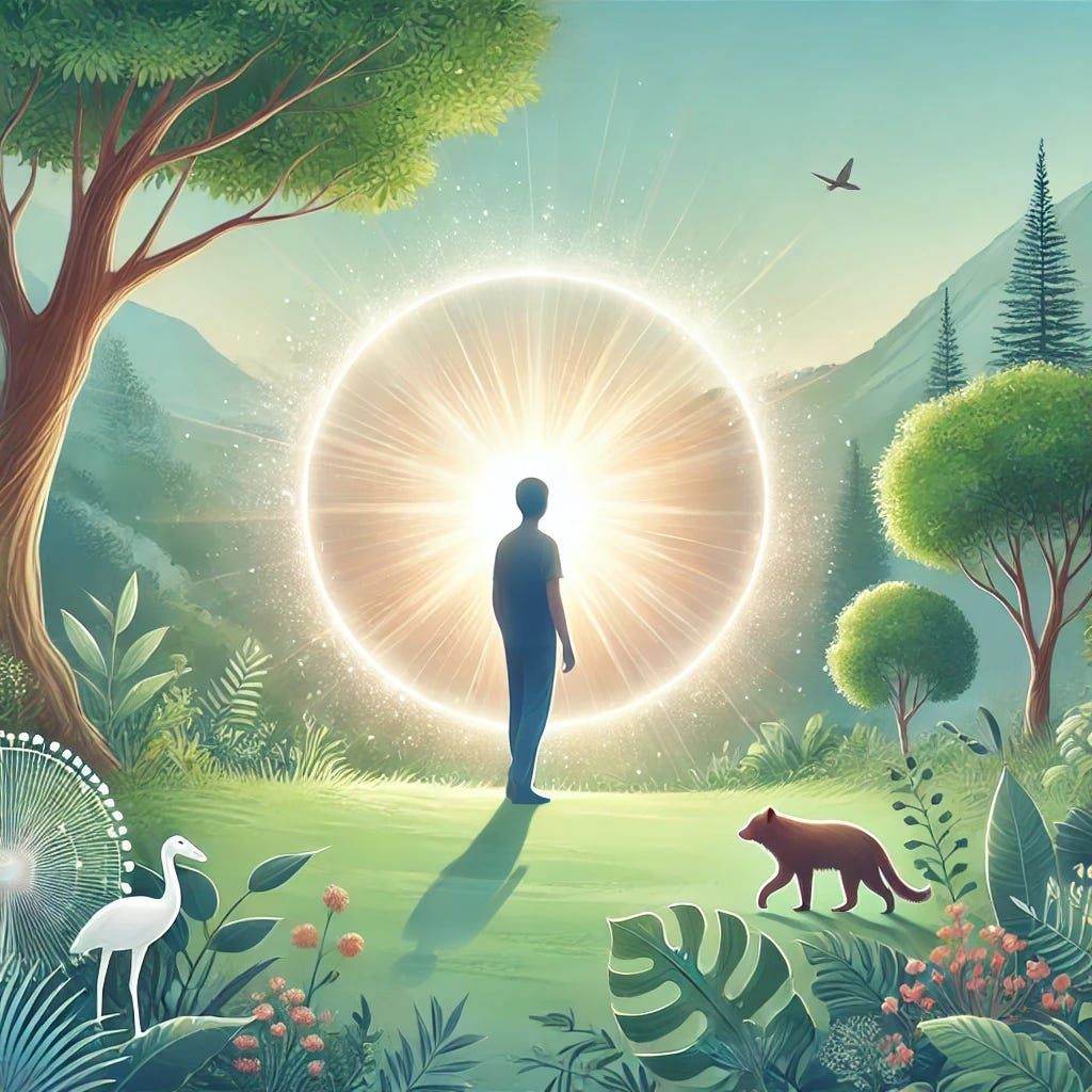 A boy seeing the world through the lens of the sacred, represented by a beam of light. He’s surrounded by nature and animals. The texture of the picture is really soft representing the peacefulness of the sacred