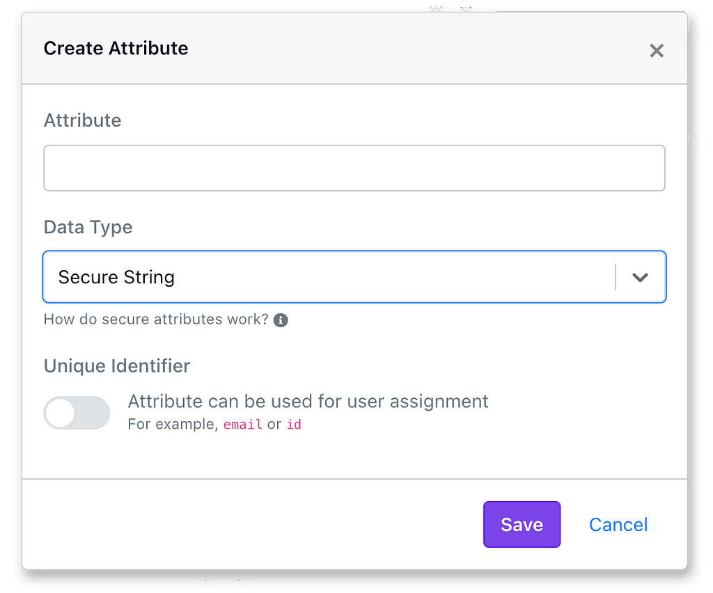 Attribute add/edit box showing new secure string type
