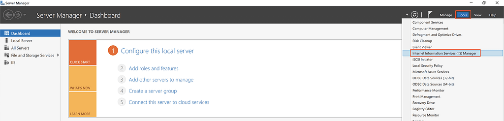 An image showing how to open IIS from Server Manager