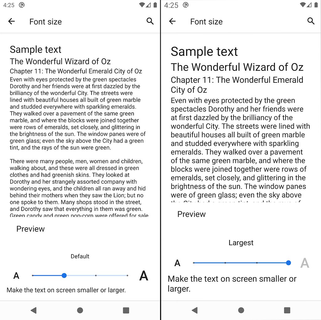 Android font size preferences: default on the left, largest on the right
