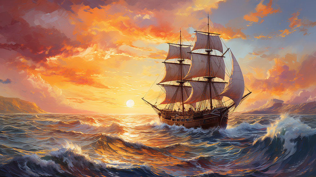 Large, old ship sailing in the sunset