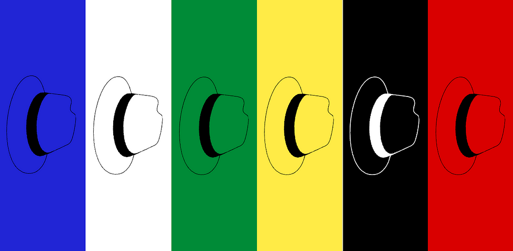 Six fedora outlines within colored stripes . The colors, from left to right, are: blue, white, green, yellow, black, and red.