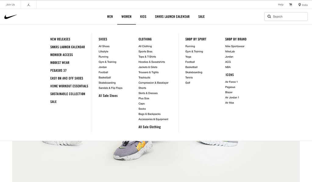 Nike website with open menu navigation