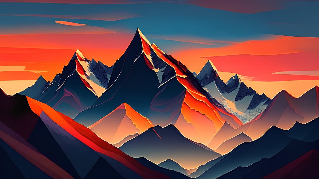 AI-generated stylized painting of a mountain range at sunset.