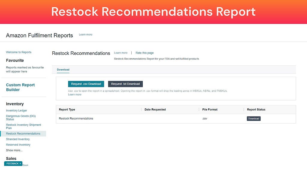 Screenshot of Restock Recommendations Report (Amazon Fulfillment Reports)