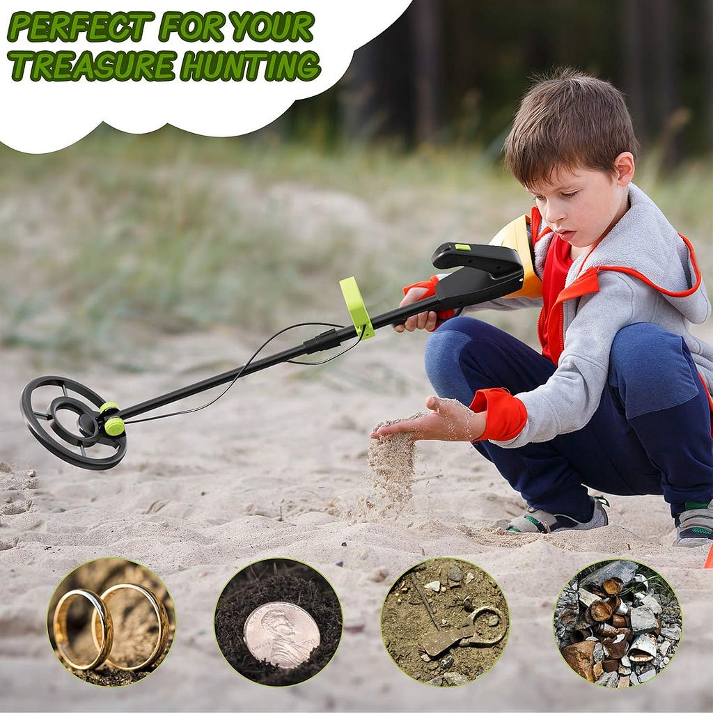 Metal Detector for Kids Waterproof Kids Metal Detector 7.4 Inch Search Coil Junior Metal Detector LCD 24 Inch to 35 Inch Adjustable Stem Buzzer Vibration Sound 2 Pounds Lightweight Easy to Use