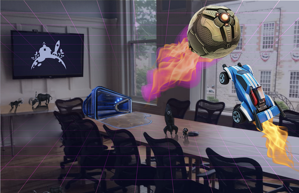 A terribly photoshopped image of the Moonfarmer conference room with the cars from Rocket League on the table.