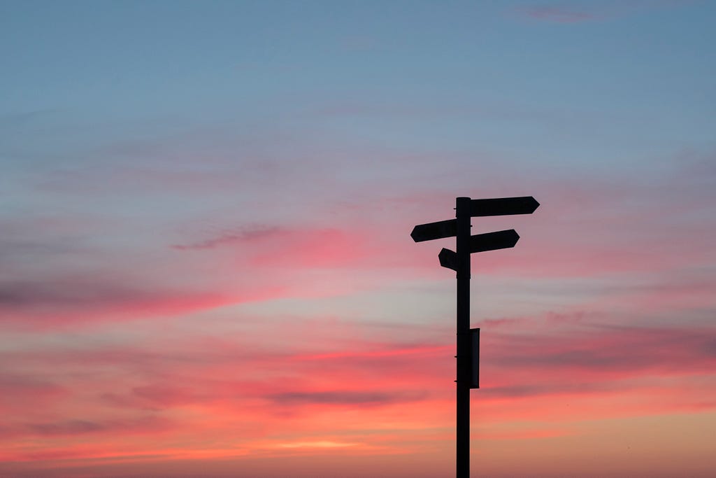 A signpost with signs pointing in multiple directions is silhouetted on a sunset sky.
