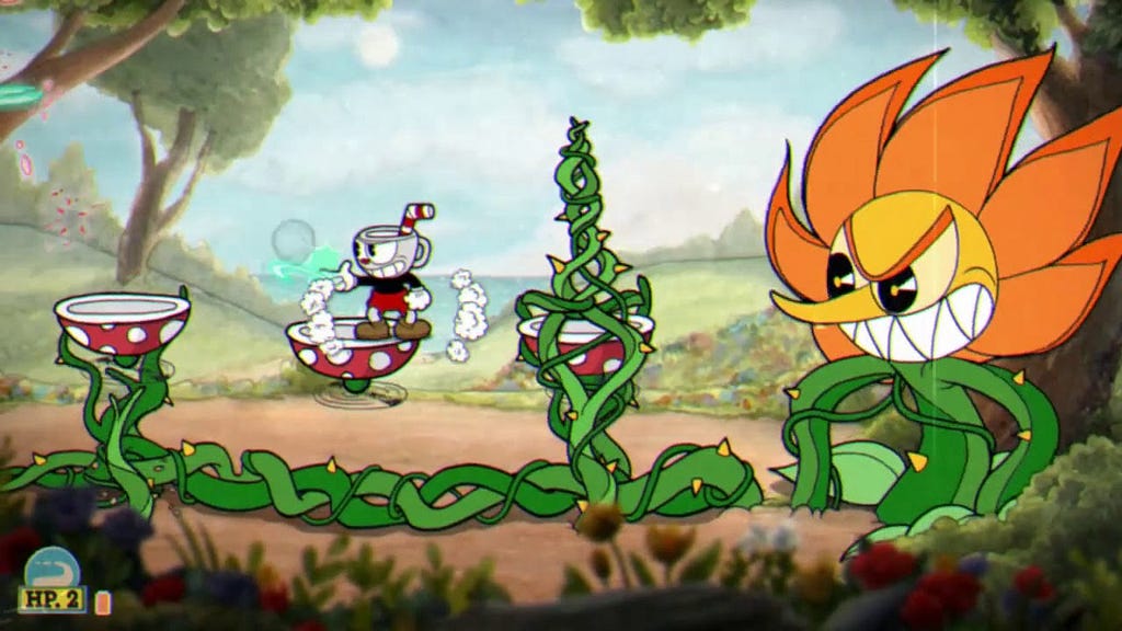 An enormous orange-and-yellow flower snakes bright green thorny vines across the stage, forcing the player to jump to avoid them.