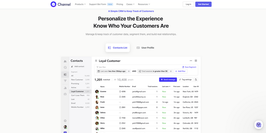 Channel.io website, looking at the CRM section of the “marketing” page