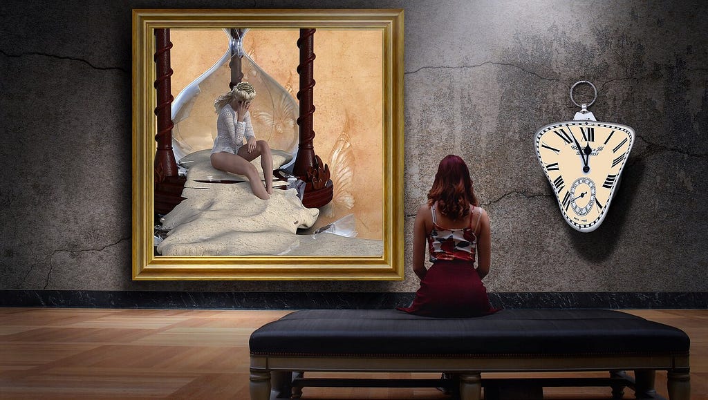 A lady in an art gallery contemplating. There is a large painting and melting clock on the wall.