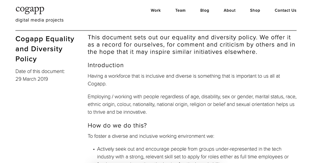 Screenshot of the Cogapp Equality and Diversity policy.