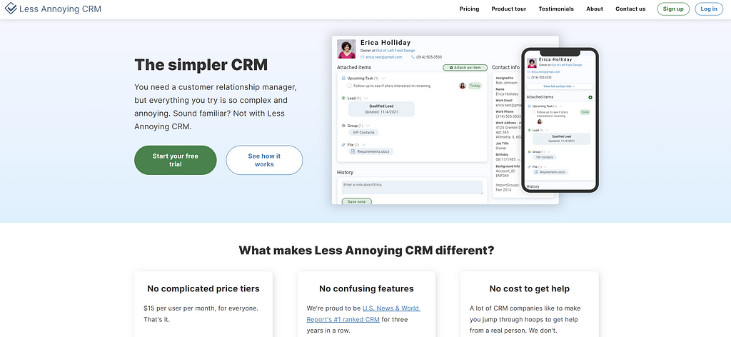 Less Annoying CRM website homepage