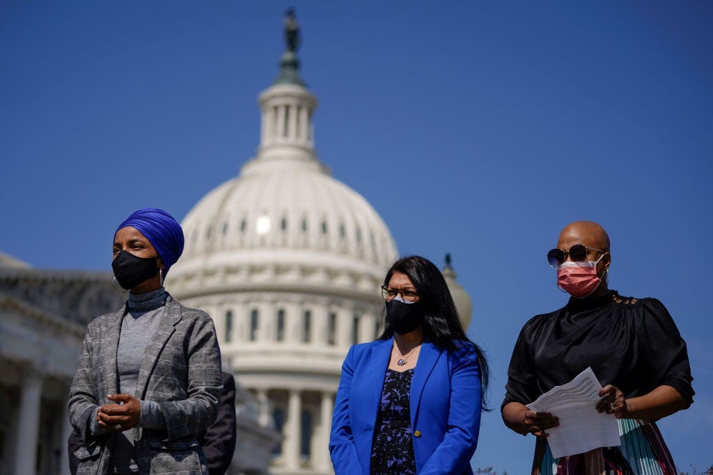 Rep. Ilhan Omar, Rep. Rashida Tlaib, and Rep. Ayanna Pressley attend a news conference to discuss the Rent and Mortgage Cancellation Act in March 2021.