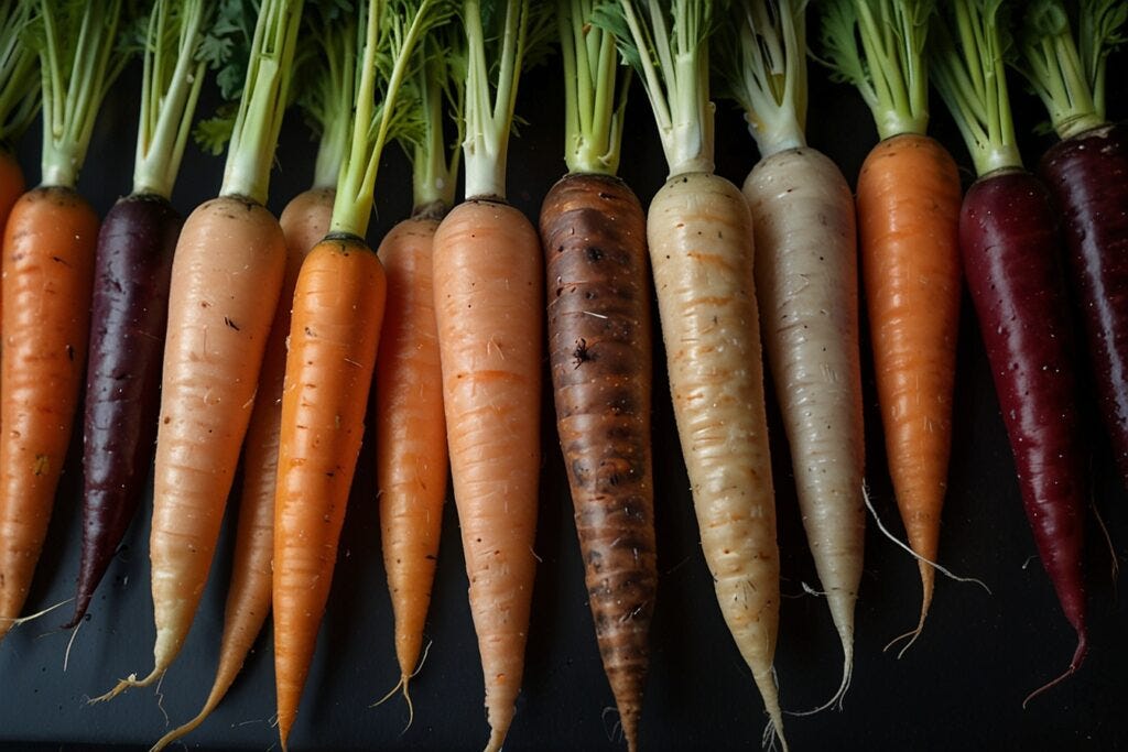 An array of colorful hydroponic carrots in shades of orange, white, and purple, aligned horizontally with green tops on a dark surface.